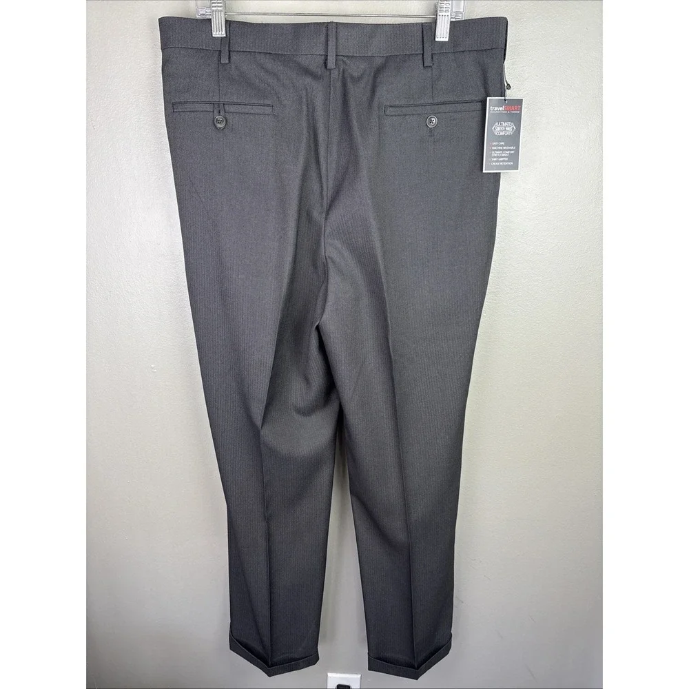 Travel Smart Mens Classic Fit Dress Pants 36/ 30 Grey Herringbone Stretch
